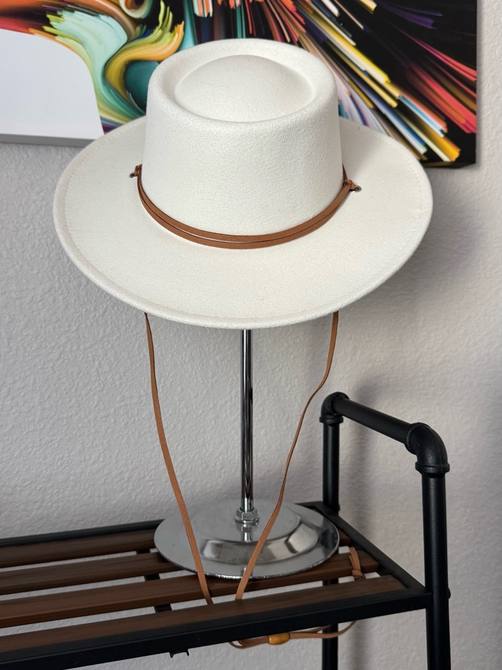 White Felt Ranch Hat with Brown Leather Chin Strap